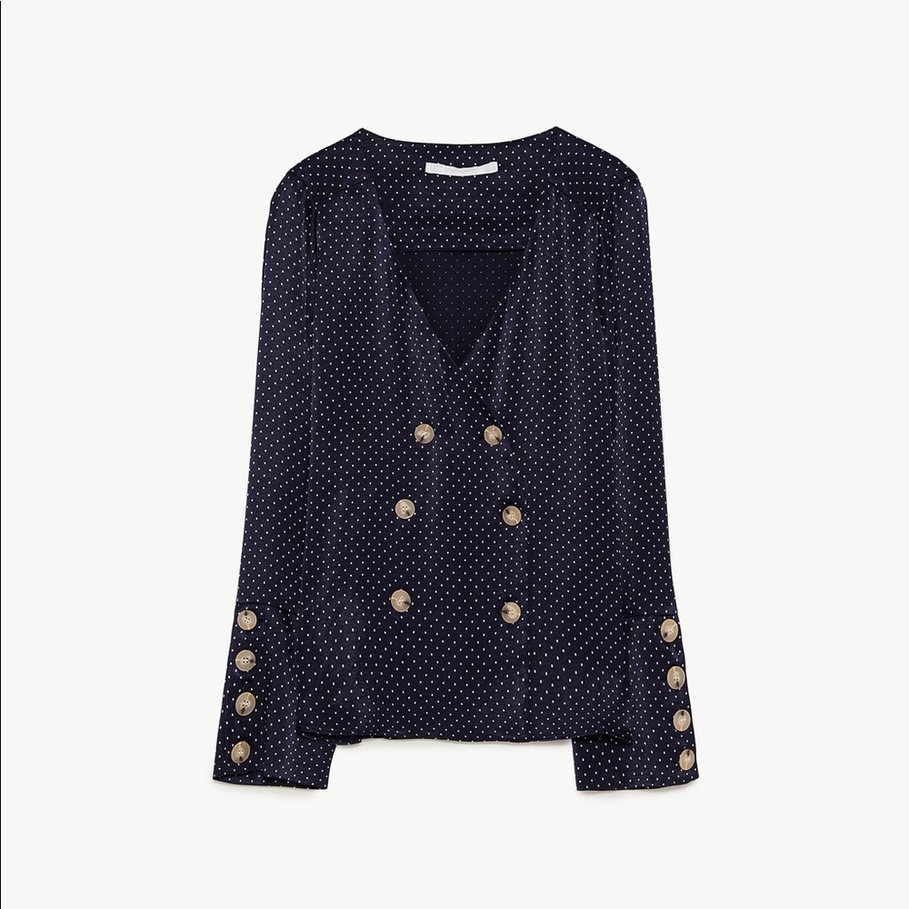 NWT Zara Polka Dot Blouse Navy Blue